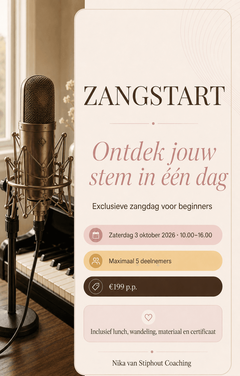 Zangstart, exclusieve zangdag voor beginners op 3 oktober 2026 bij Nika van Stiphout Coaching.