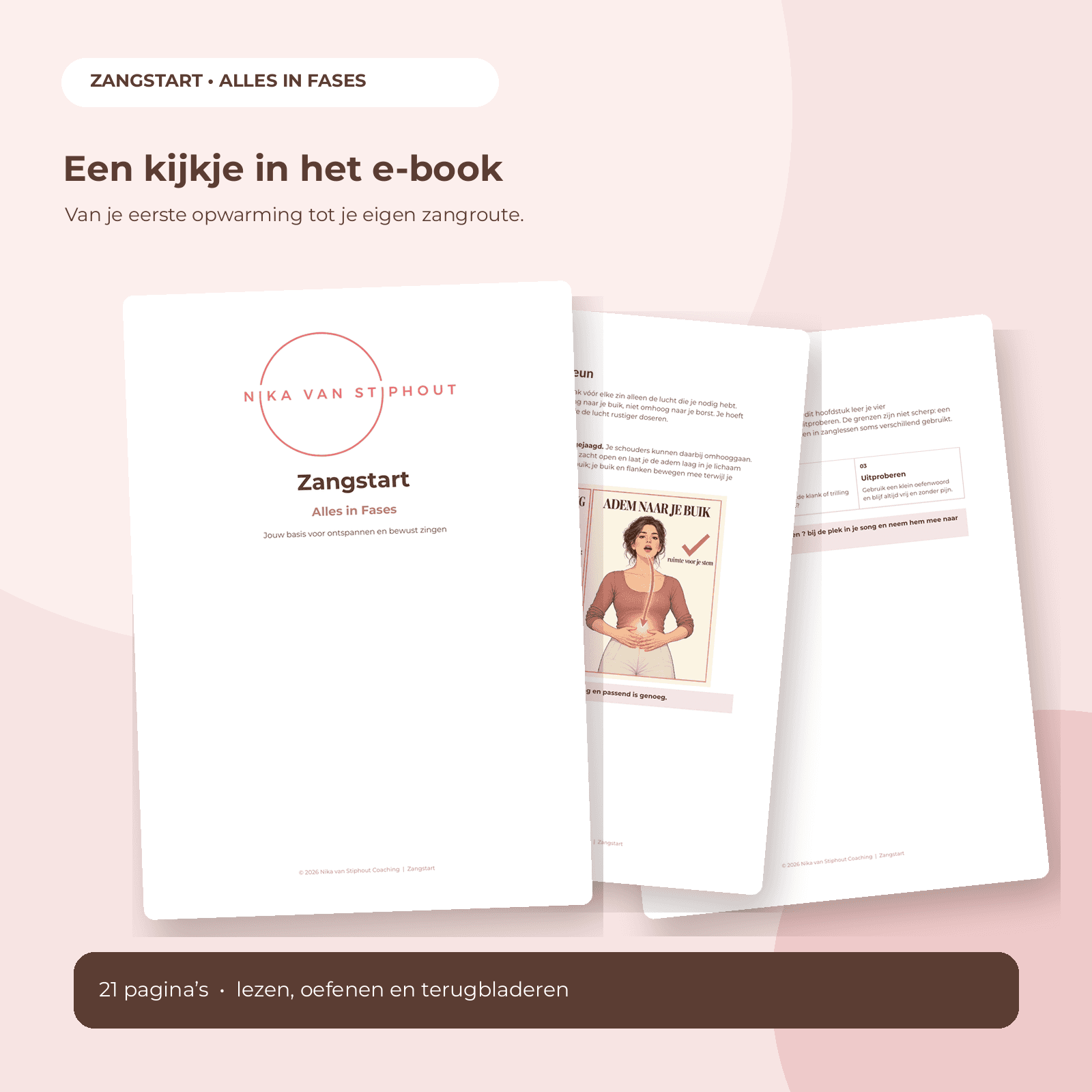 Omslag en voorbeeldpagina's uit het Zangstart e-book over ademhaling en zangtechniek